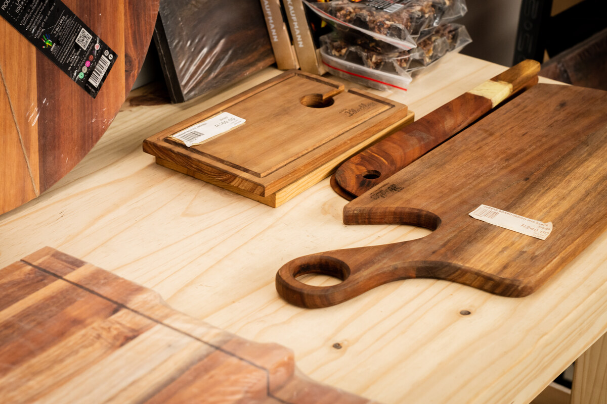 Wooden cutting and serving boards on a counter