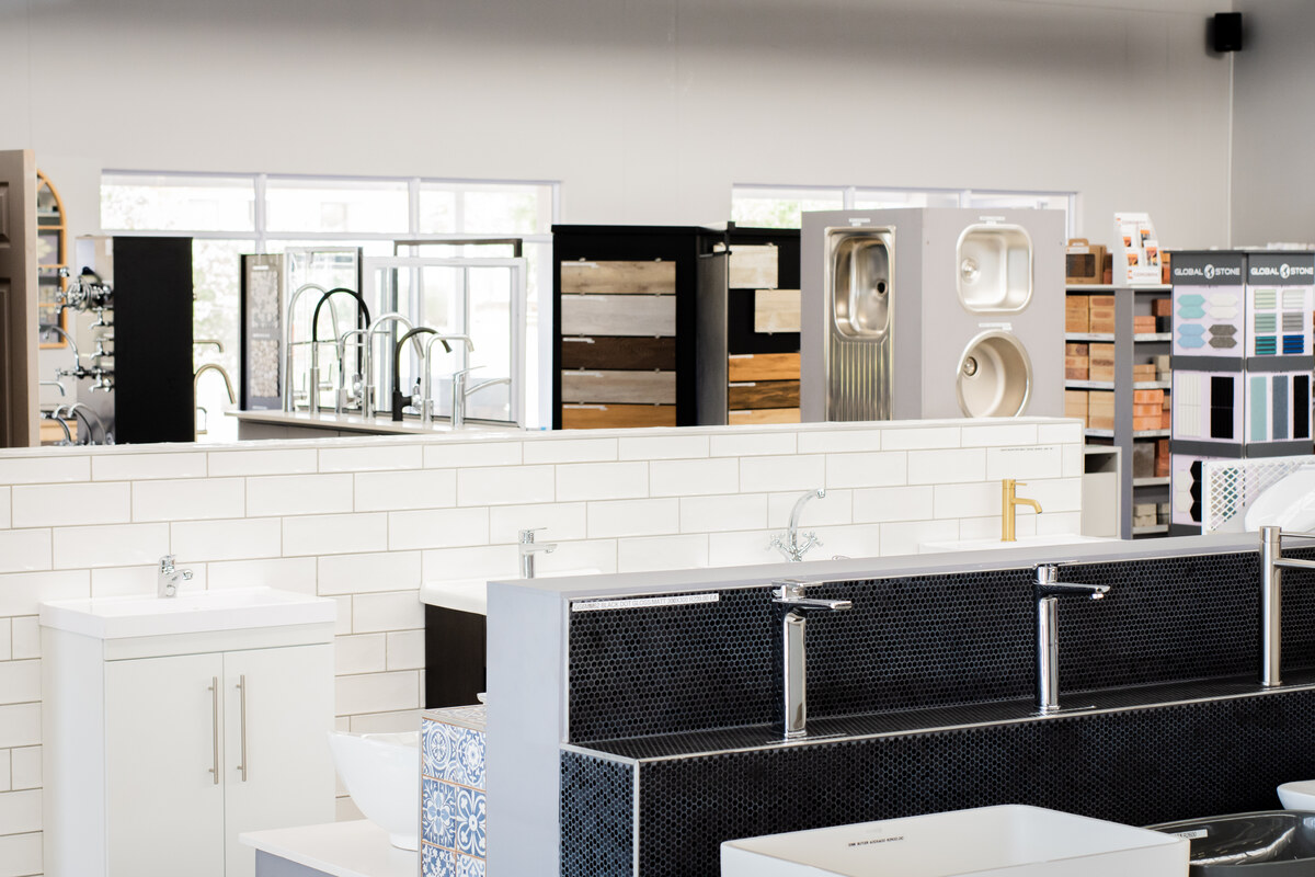 Bathroom showroom with vanities, taps and tile displays