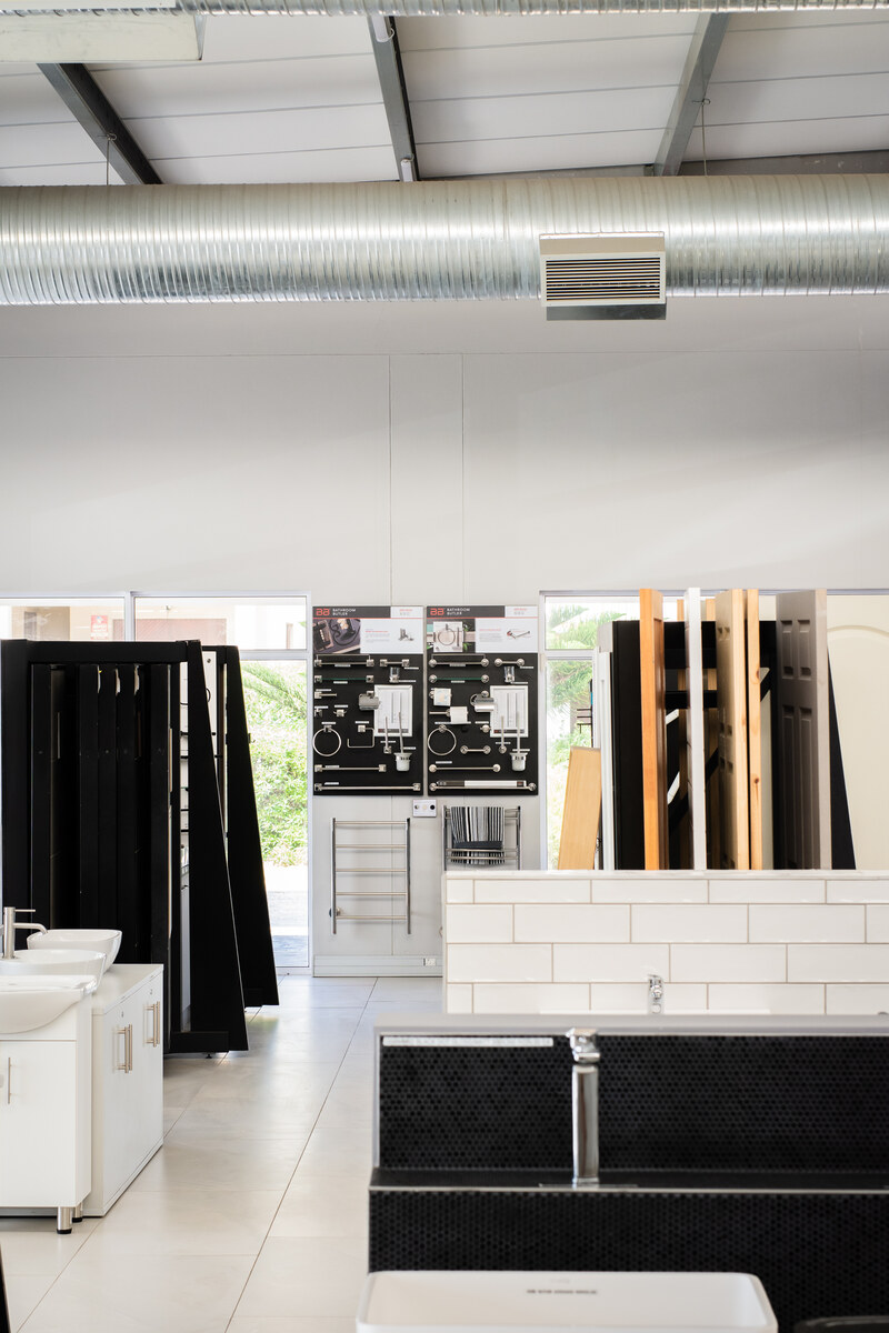 Bathroom displays and tiles in the showroom