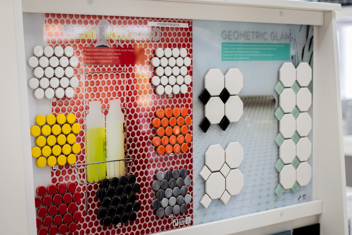 Hexagon mosaic tile samples in many colours