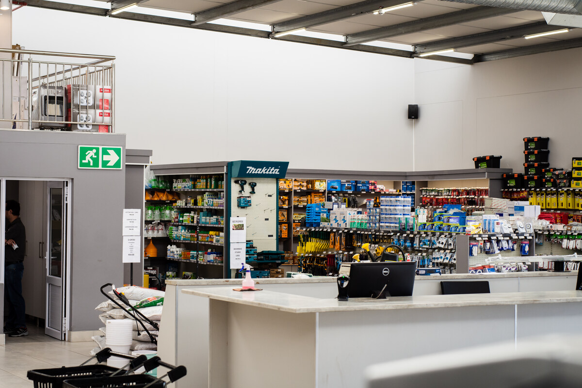 Showroom service counter and Makita tool shelves