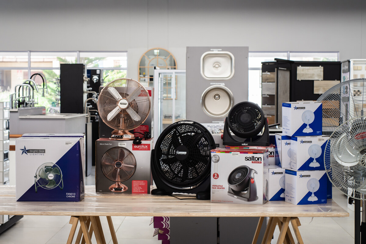 Electric fans and heaters on display