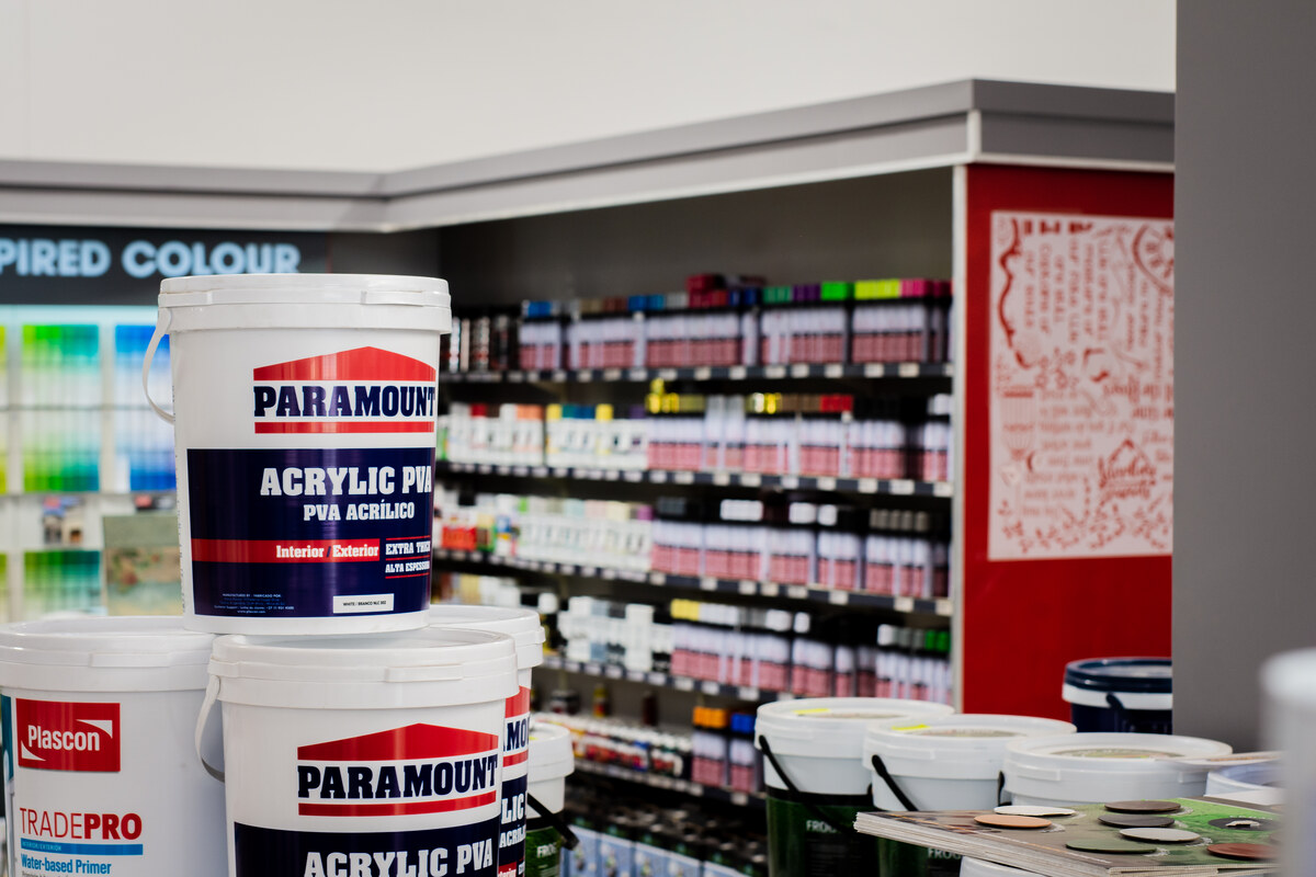 Paramount acrylic paint tins and colour charts