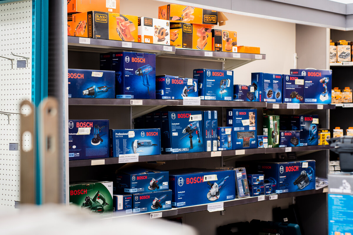 Bosch power tools on shelves